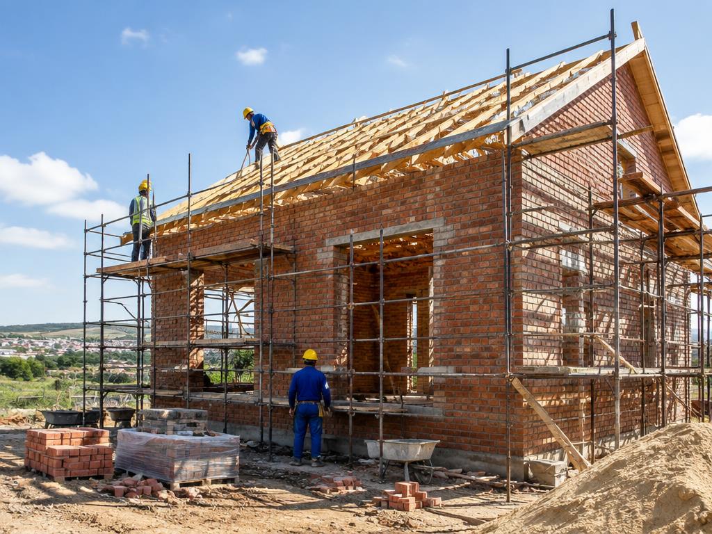 Builders constructing a new brick house