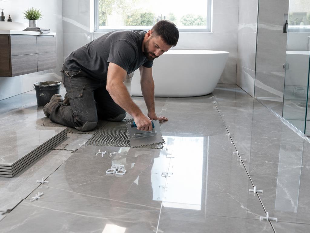 Tiler installing large porcelain floor tiles
